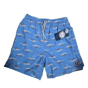 Life is Good Mens Swim Trunks Blue Fishing Boat Dog Print Board Shorts UPF 50 S